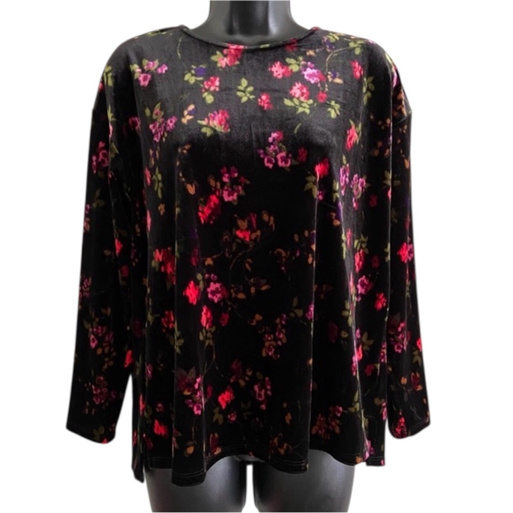 J.Jill 90s Floral Velvet Long Sleeve Top Size XL Stretch Pullover Velour Shirt